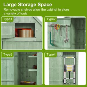 Shed Outdoor Storage Cabinet, Wood Garden Sheds with Floor, Outside Tool Outhouse Organizer with Waterproof Roof, Shelves and Lockable Door for Patio Hallway and Backyard (Green)