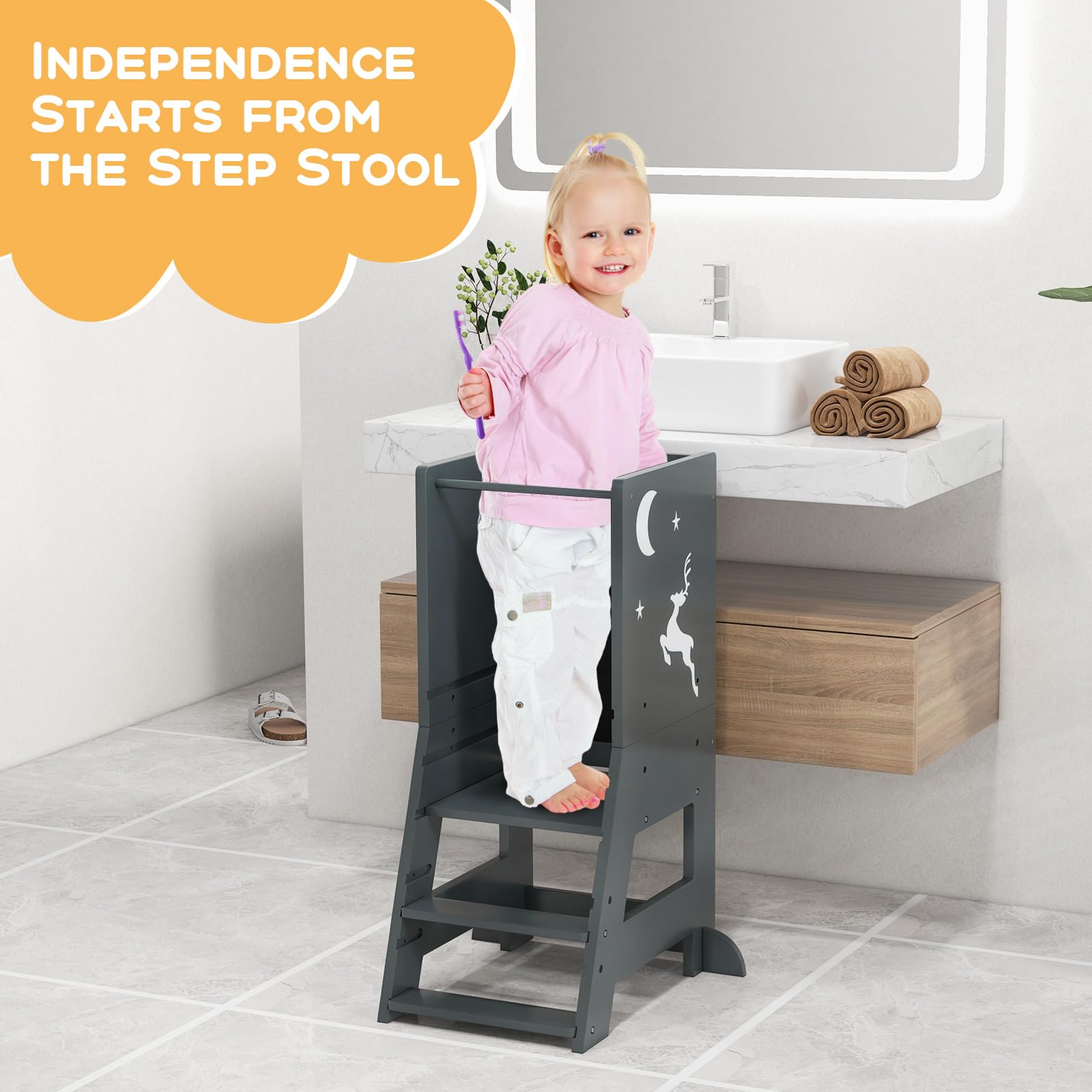 Costzon Toddler Tower, Wooden Kids Kitchen Stool Helper with Height Adjustable Platform, Safety Rail, Whiteboard & Chalkboard, Toddler Step Stool, Standing Tower for Kitchen Counter, Bathroom, Grey