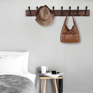 Kuhome 32.2'' Large Coat Rack Wall Mount Coat Hooks Coat Hanger with 8 Metal Black Triple- Hooks Brown Pine Real Wood Plank Hat Rack for Wall Hooks for Hanging Coat Hat Jacket