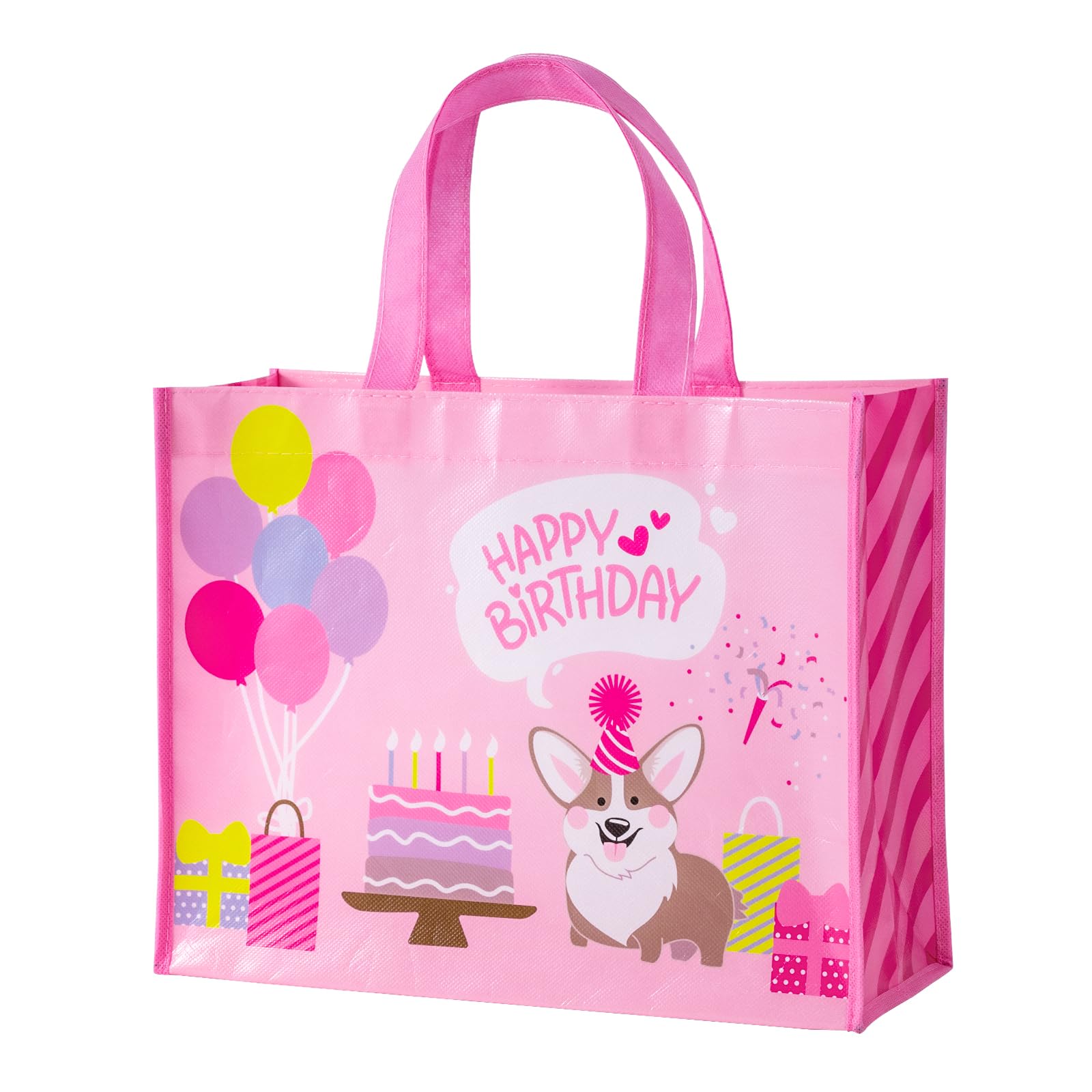 WRAPAHOLIC Large Reusable Birthday Gift Bag with Handles - 10 x 5 x 13 inch - Adorable Corgi Dog Happy Birthday