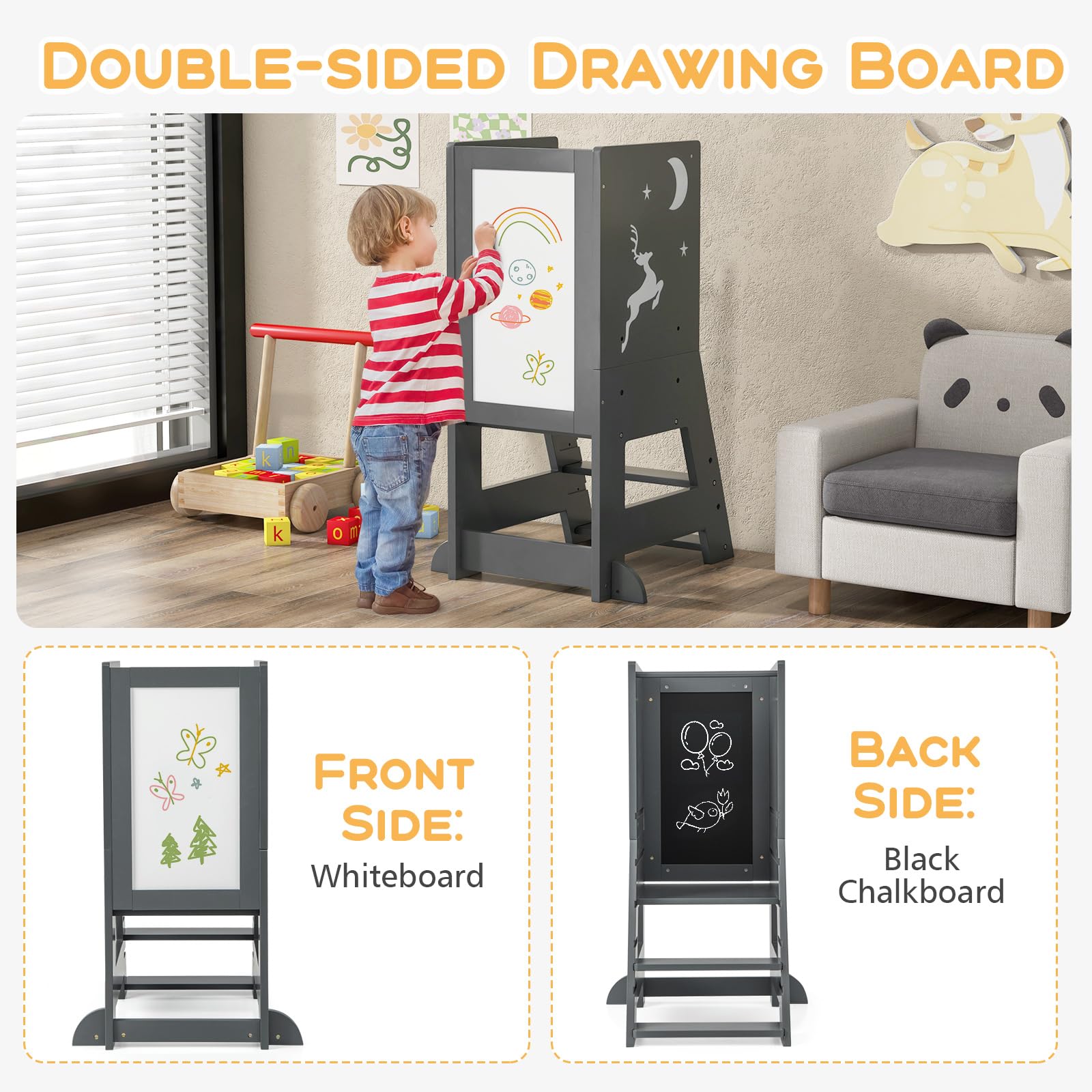 Costzon Toddler Tower, Wooden Kids Kitchen Stool Helper with Height Adjustable Platform, Safety Rail, Whiteboard & Chalkboard, Toddler Step Stool, Standing Tower for Kitchen Counter, Bathroom, Grey