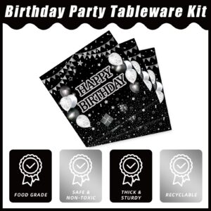 Kepeel 96 Pcs Black and Silver Birthday Plates and Napkins Sets, Black and White Happy Birthday Party Decorations Supplies for Men Women Glitter Birthday Party Disposable Tableware Favors, Serve 24