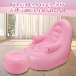 Ccinnoe Inflatable Couch with Armrest ＆ Ottoman, Blow Up Lounger Chair, Folding Lazy Sofa, Inflatable Furniture for Camping/Fishing/Party/Beach/Sunbathing/Hiking (Pink)