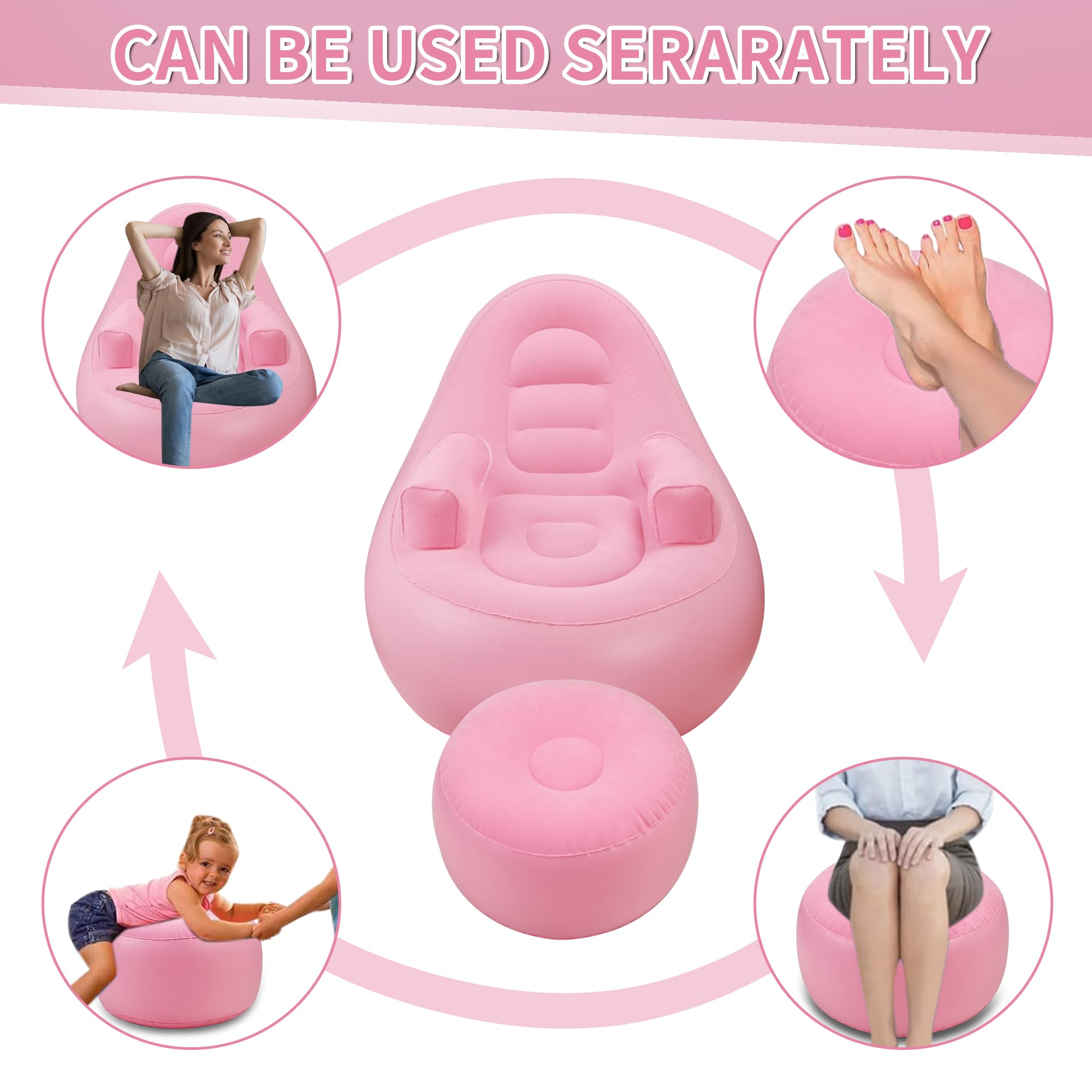 Ccinnoe Inflatable Couch with Armrest ＆ Ottoman, Blow Up Lounger Chair, Folding Lazy Sofa, Inflatable Furniture for Camping/Fishing/Party/Beach/Sunbathing/Hiking (Pink)