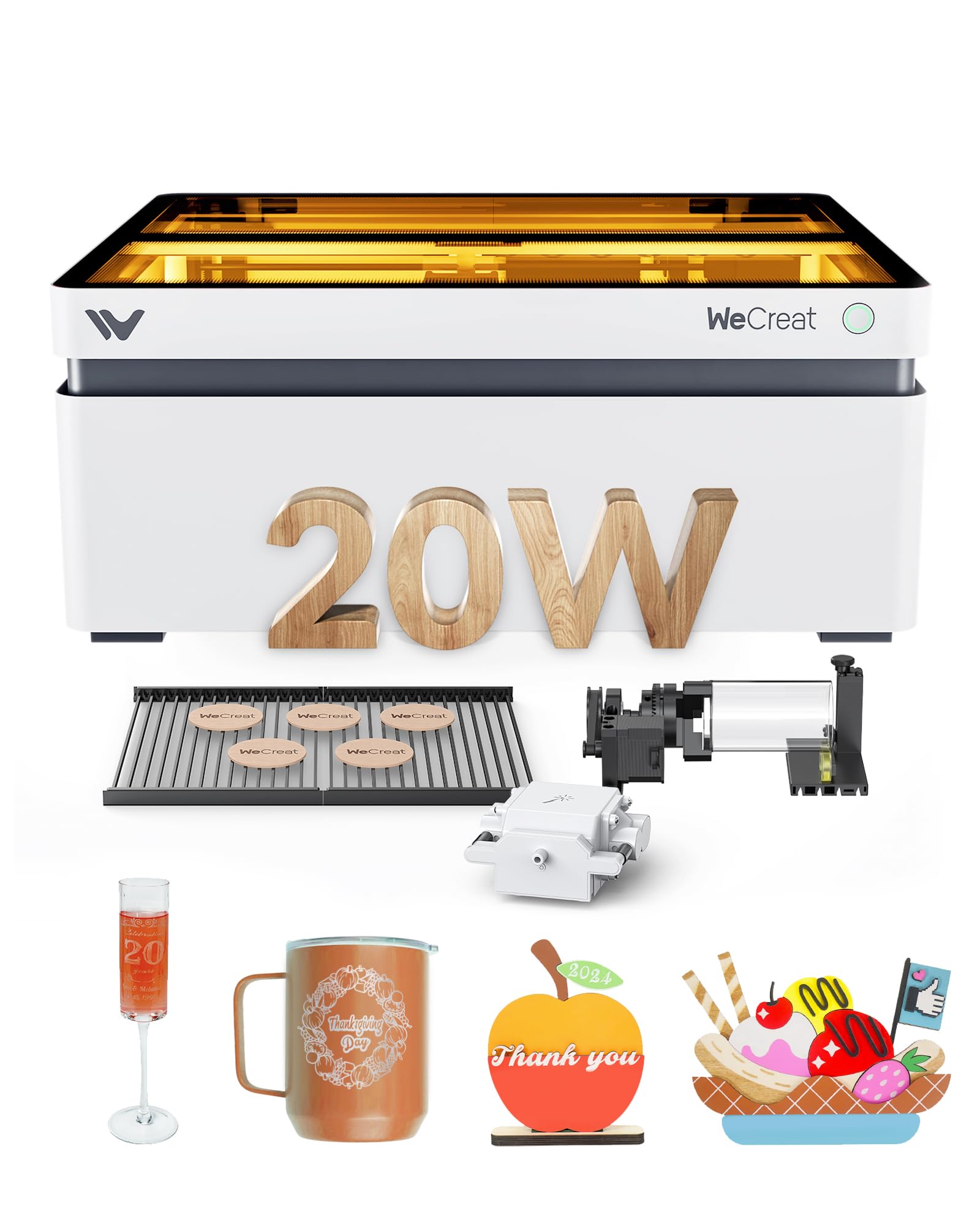 WECREAT Vision 20W(20,000mW) Laser Engraver, 4-in-1 Desktop Diode Laser Engraver and Cutter with Rotary, Smart Camera, Auto-Lifting Enclosure, Air Assist and Laser Bed for Wood Acrylic Metal