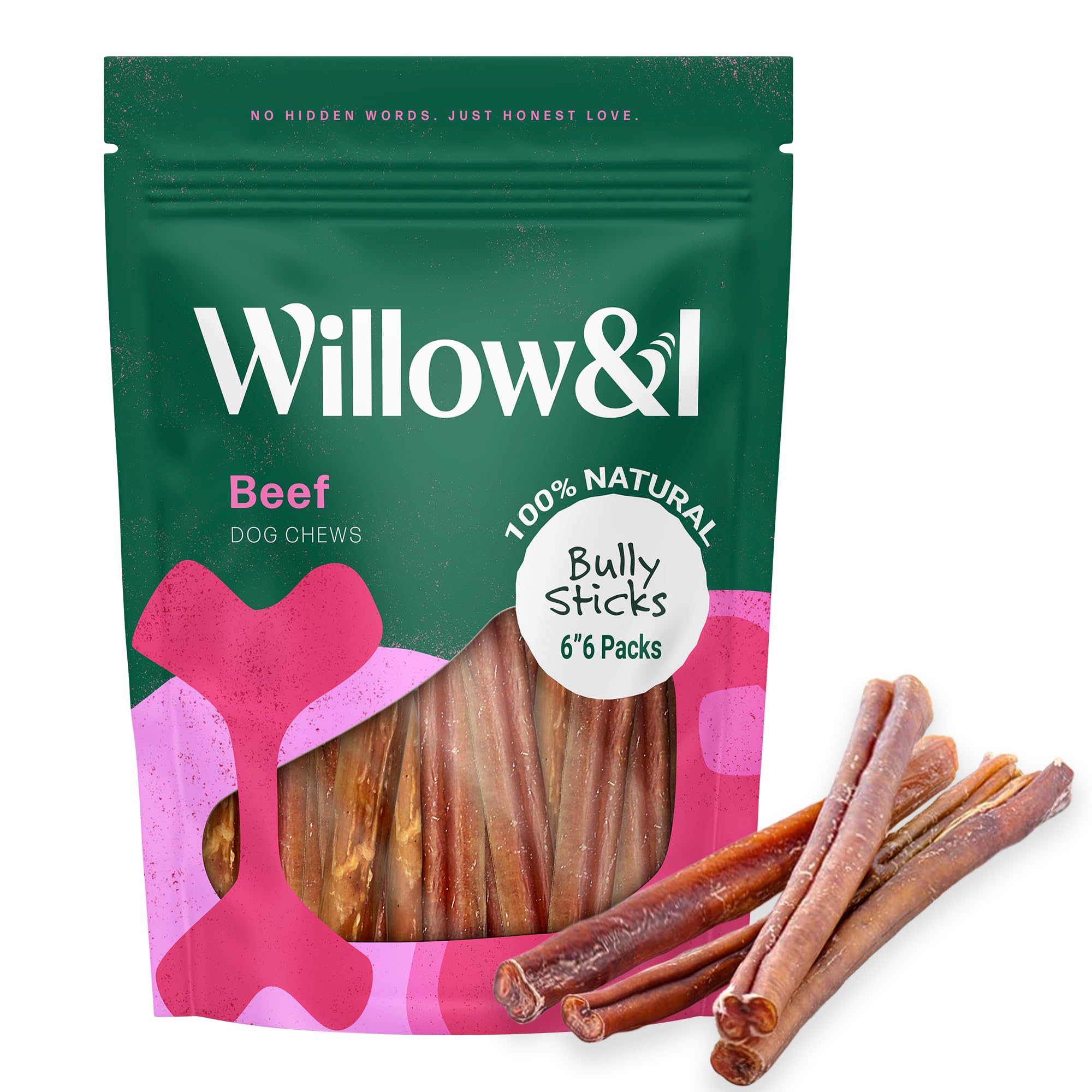 Willow&I Bully Sticks for Small Dogs & Medium - 6 Inch Bully Sticks for Dogs (6 Pack), Premium 100% Grass Fed Beef Pizzle Sticks for Dogs, Healthy Long Lasting Dog Chew Sticks All Natural Dog Treats