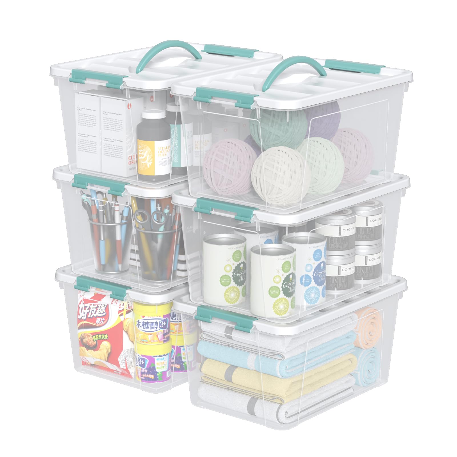 Vcansay 14 Quart Clear Storage Boxes with Handles, Plastic Latching Bins with Lids, 6 Packs