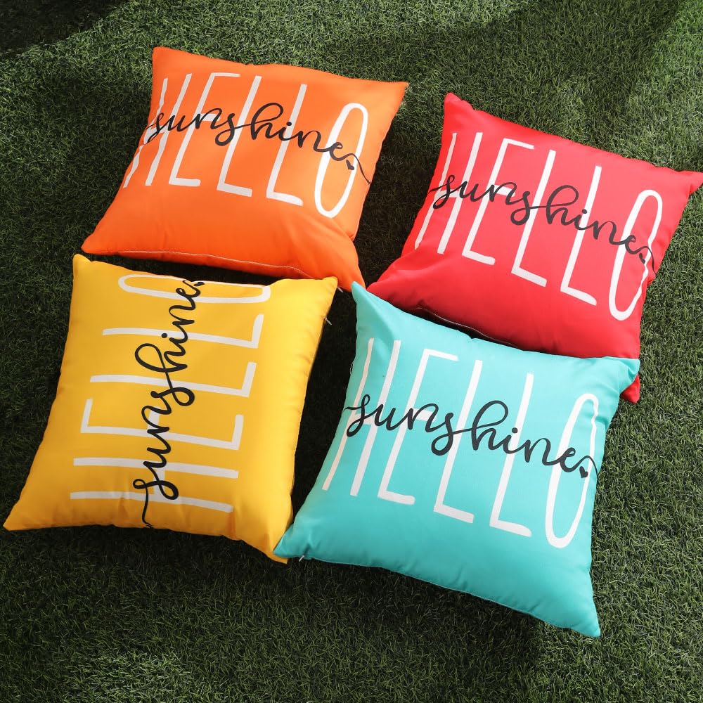 DFXSZ Outdoor Pillow Covers 16x16 Inch Set of 2 Hello Sunshine Decor Yellow Waterproof Throw Pillow Covers Summer Outdoor Waterproof Pillow Covers Decor for Patio Funiture Garden Sofa Couch 020B16