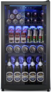 3.2 cu.ft beverage fridge, mini fridge with glass door, beverage cooler refrigerator, wine drink beer fridge, adjustable shelves & digital temperature display, 26 bottle 128 can