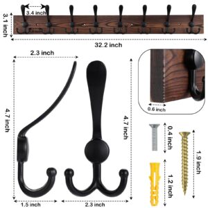 Kuhome 32.2'' Large Coat Rack Wall Mount Coat Hooks Coat Hanger with 8 Metal Black Triple- Hooks Brown Pine Real Wood Plank Hat Rack for Wall Hooks for Hanging Coat Hat Jacket