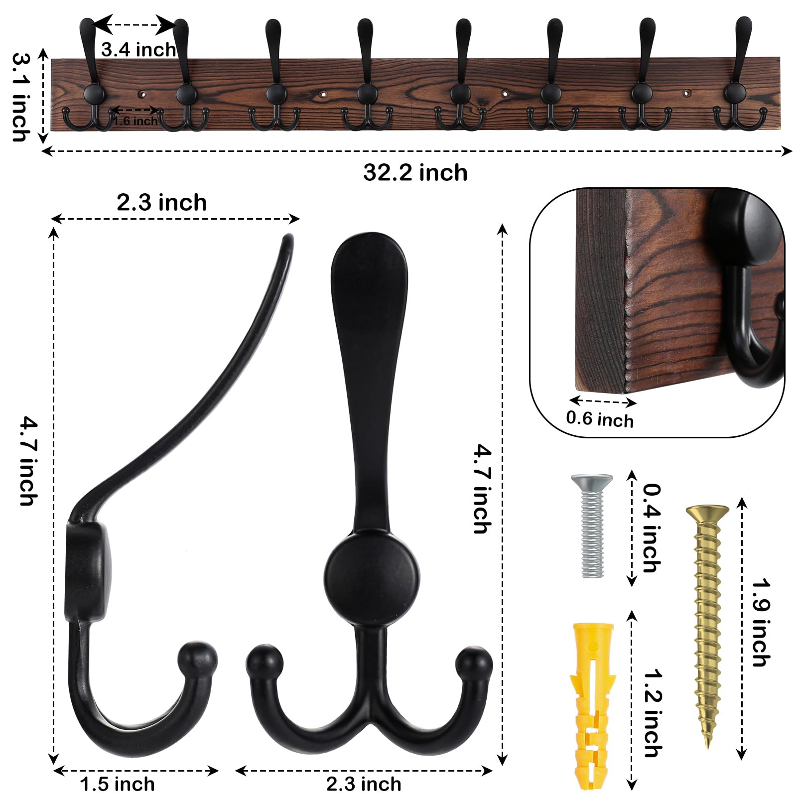 Kuhome 32.2'' Large Coat Rack Wall Mount Coat Hooks Coat Hanger with 8 Metal Black Triple- Hooks Brown Pine Real Wood Plank Hat Rack for Wall Hooks for Hanging Coat Hat Jacket