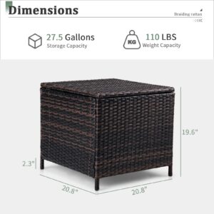 VINGLI 27 Gallon Outdoor Deck Box, Wicker Outdoor Storage Box with Lid, Small Storage Bin Container for Outside and Patio, Outdoor Rattan Side Table for Patio (Rectangular), Brown