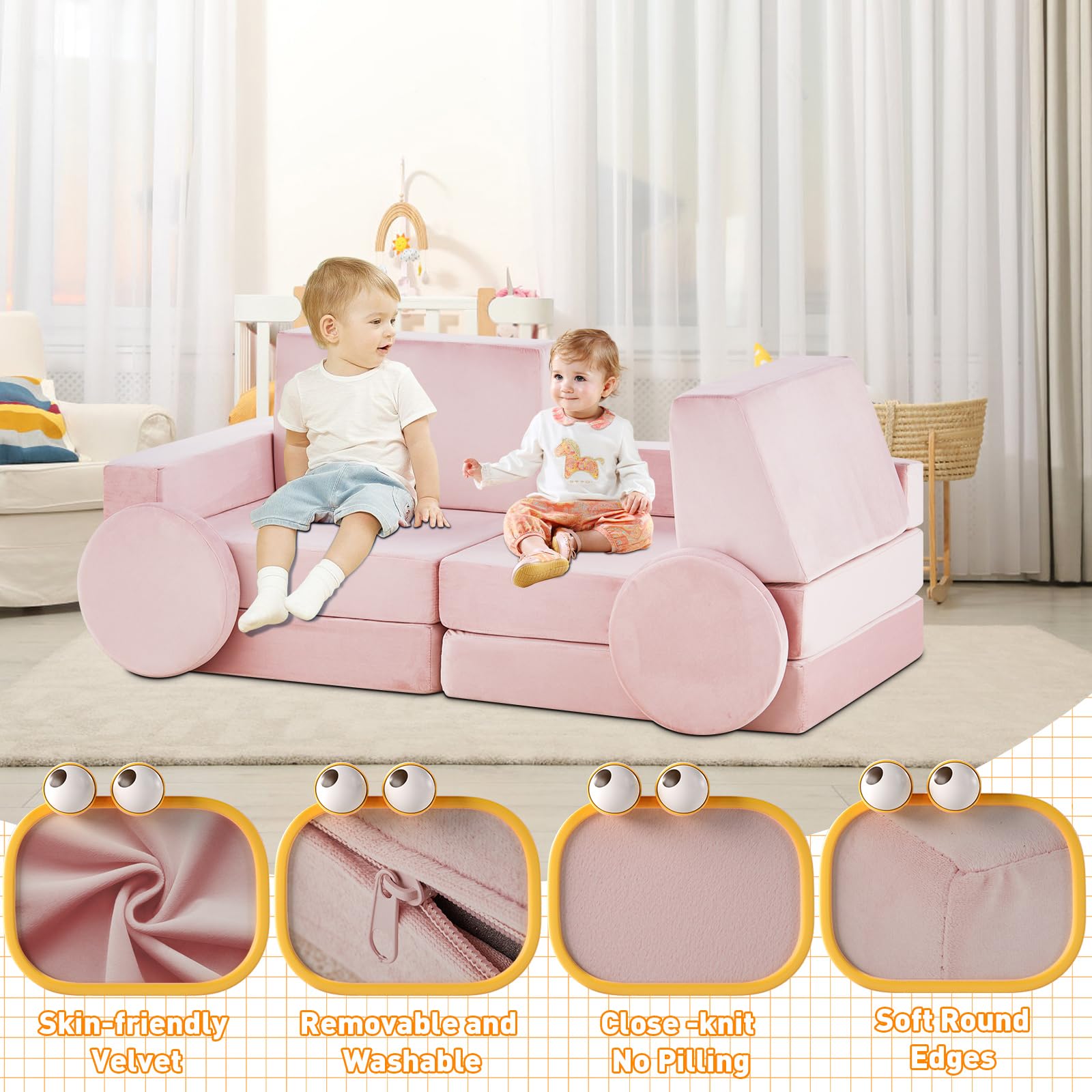 TUKAILAi 10PCS Modular Kids Play Couch, Convertible Child Sectional Sofa, Imaginative Furniture Play Set for Creative Kids, Toddler, Teen Nugget Couch for Boys and Girls(Pink)