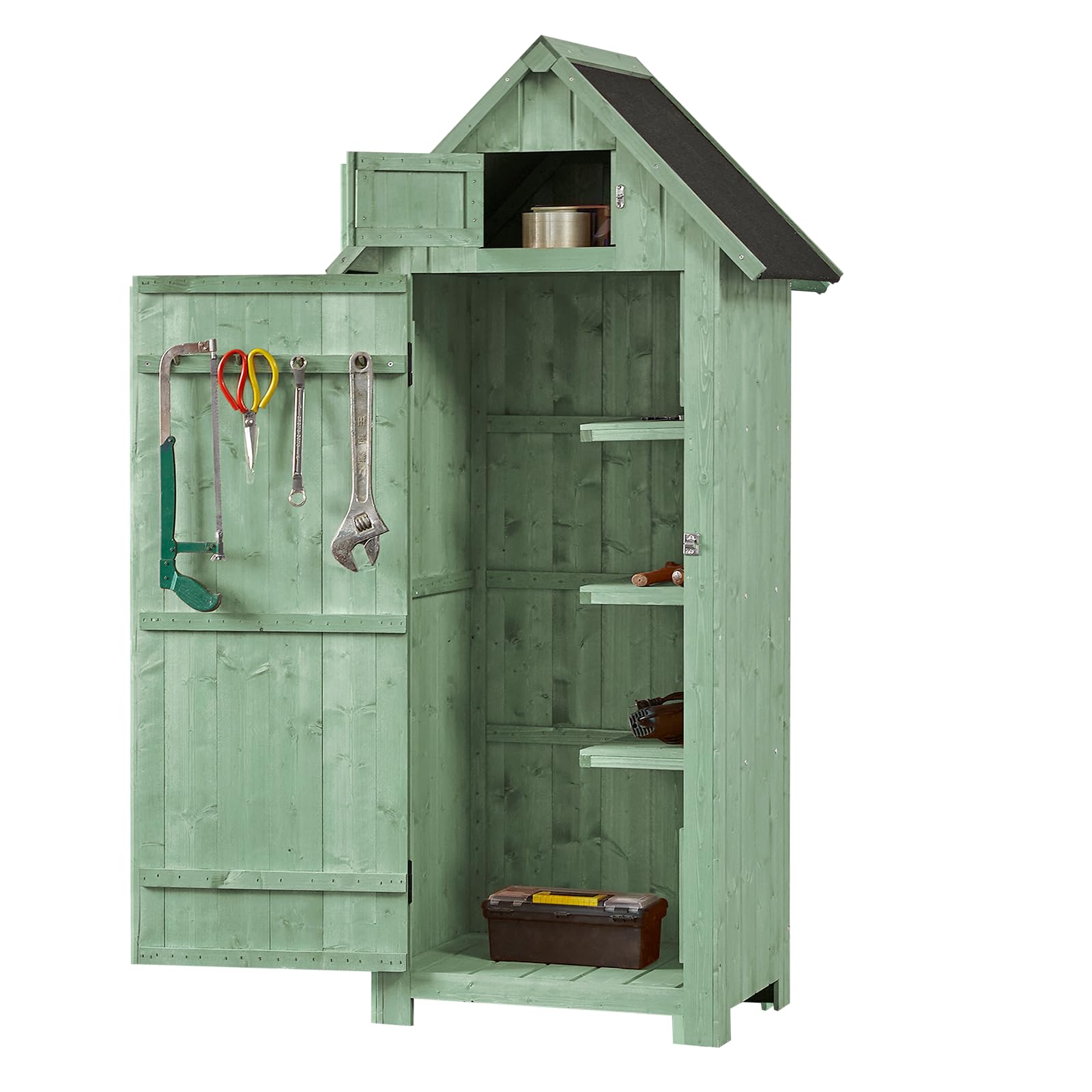 Shed Outdoor Storage Cabinet, Wood Garden Sheds with Floor, Outside Tool Outhouse Organizer with Waterproof Roof, Shelves and Lockable Door for Patio Hallway and Backyard (Green)