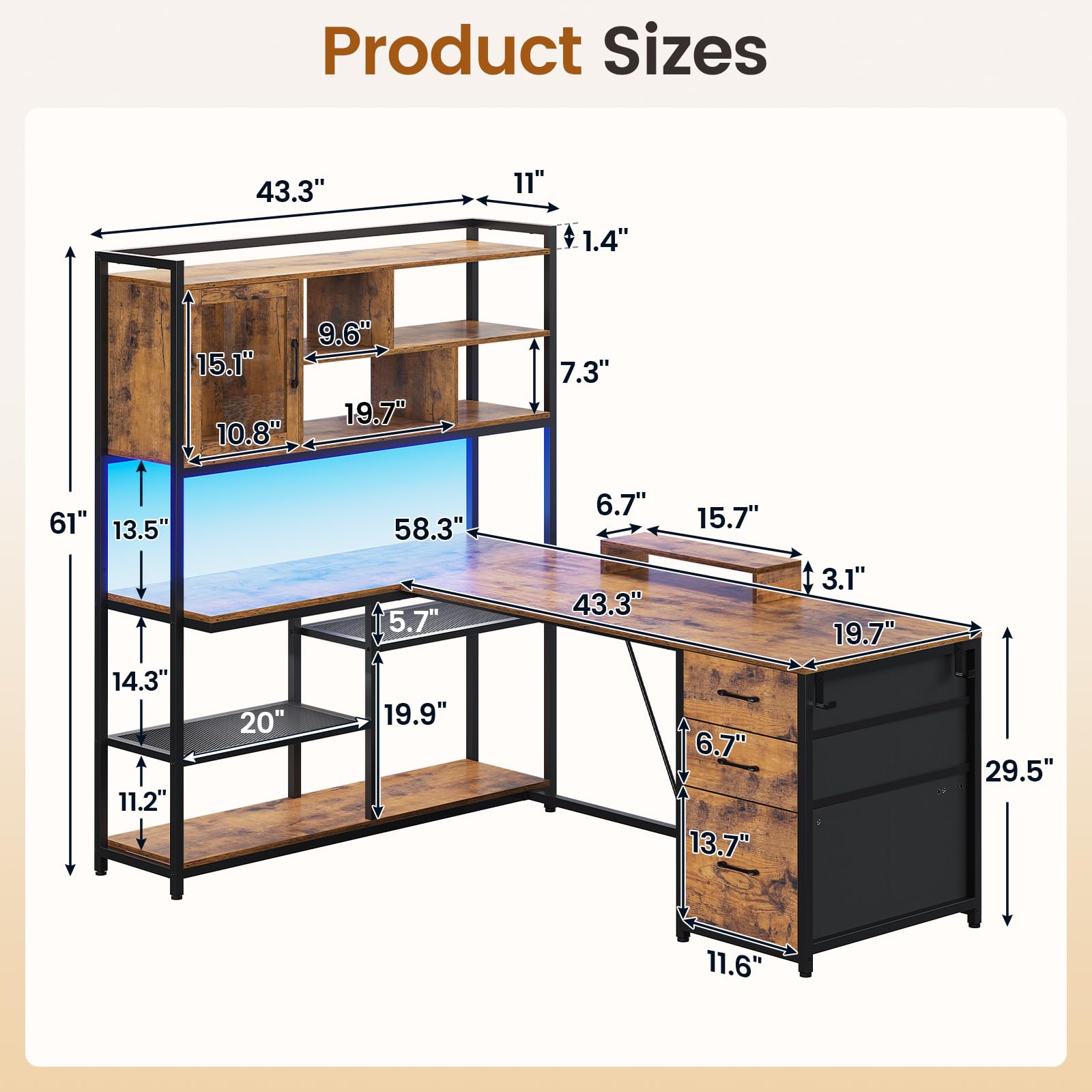 SEDETA L Shaped Computer Desk, 58'' Office Desk with 3 Drawers and Bookshelf, L Shaped Corner Desk with Storage Shelves and LED Light for Home Office, Gaming Desk, L Desk, Rustic Brown