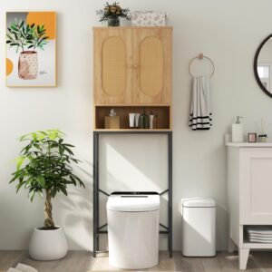 Tangkula Over The Toilet Storage Cabinet, 69" Tall Freestanding Above Toilet Organizer w/Rattan Doors & Shelves, Home Space Saver for Bathroom & Laundry Room (Farmhouse, Natural)