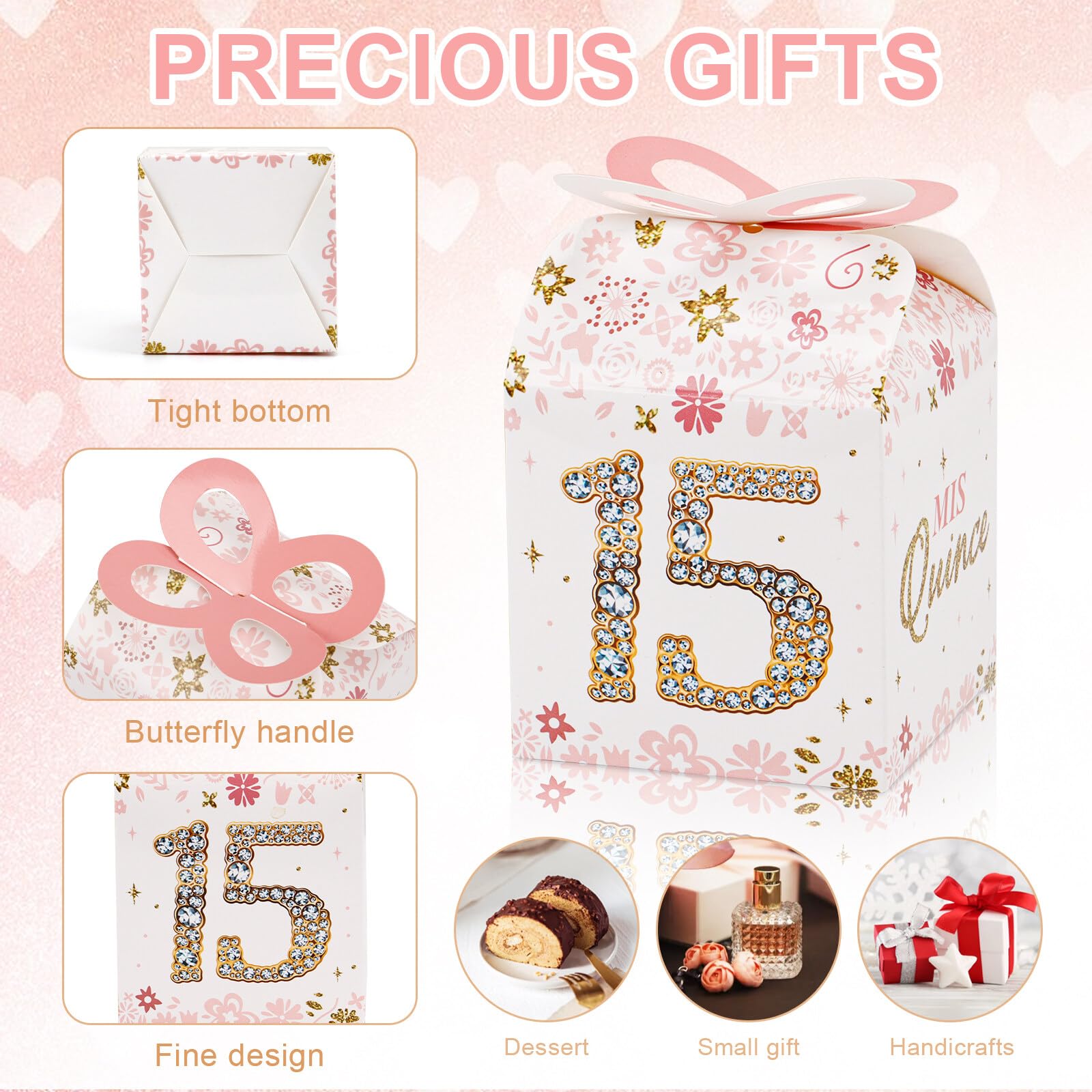 Qonmpcvu 50PCS 15th Birthday Box 13" 15th Birthday Party Favor Boxes Quinceanera Party Decorations Mis Quince Anos, Sweet 15 Birthday 15th Birthday Box Decoration Rose Gold For Guest Party