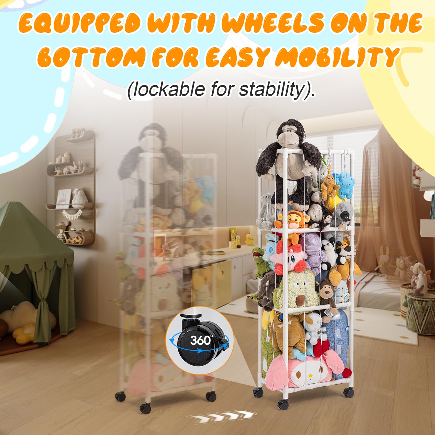 Stuffed Animal Zoo Storage, Extra Large Stuffed Animal Holder with Dust Cloth and Universal Wheels, Toy Storage Organizer, Plush Storage Organizer Shelf for Birthday Gift, Nursery Play Room Bedroom