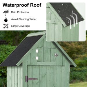 Shed Outdoor Storage Cabinet, Wood Garden Sheds with Floor, Outside Tool Outhouse Organizer with Waterproof Roof, Shelves and Lockable Door for Patio Hallway and Backyard (Green)