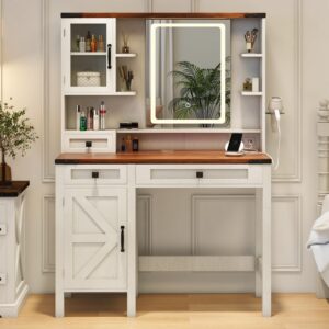 farmhouse makeup vanity with mirror and lights,37" wide vanity desk with power strip,vanity table with 3 drawers and cabinets,3 color modes & adjustable brightness, dressing table for bedroom