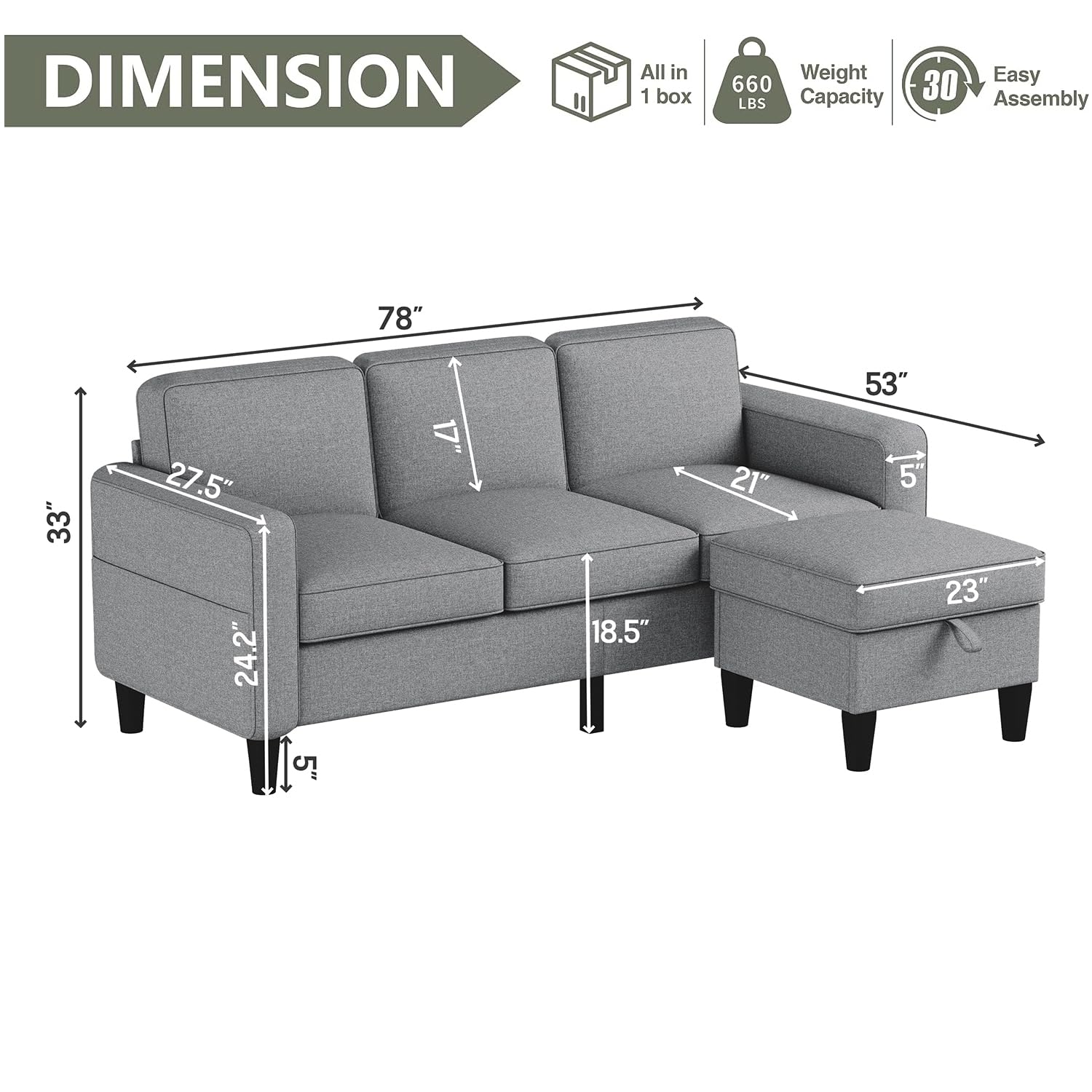 BearDen Creations Convertible Sectional Couches for Living Room, L Shaped Couch 3 Seater Sofas with Storage Ottoman,Small Sofa for Apartment,Compact Spaces,Small Space,Grey