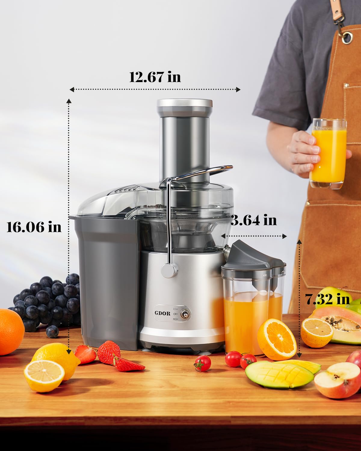 Powerful GDOR 1200W Juicer with Larger 3.2" Feed Chute, Titanium Enhanced Cutting System, Centrifugal Juice Extractor Maker with Heavy Duty Full Copper Motor, Dual Speeds, BPA-Free, Silver