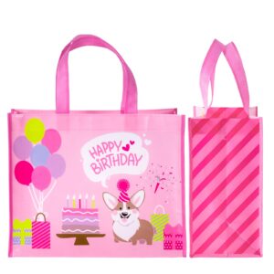 WRAPAHOLIC Large Reusable Birthday Gift Bag with Handles - 10 x 5 x 13 inch - Adorable Corgi Dog Happy Birthday