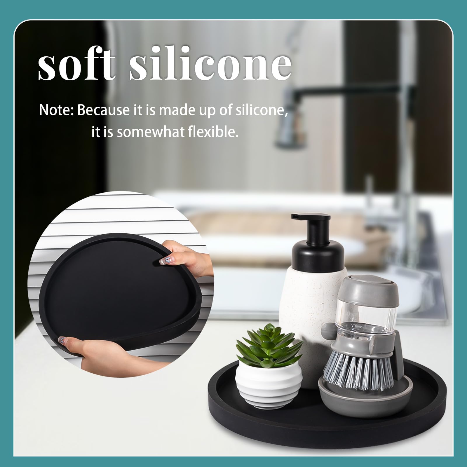 Silicone Bathroom Tray Round Vanity Tray Decorative Soap Holder Kitchen Countertop Organizer Coffee Table Decor for Candle, Perfume, Plant, 9 Inch, Black