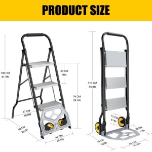 3 Step Ladder & Folding Hand Truck,One Step Folding into a 3 Step Stool with Wide Anti-Slip Pedal and Cushioned Handle,One Unfolding into a 2 in 1 Aluminum Dolly Cart for Moving Luggages Goods