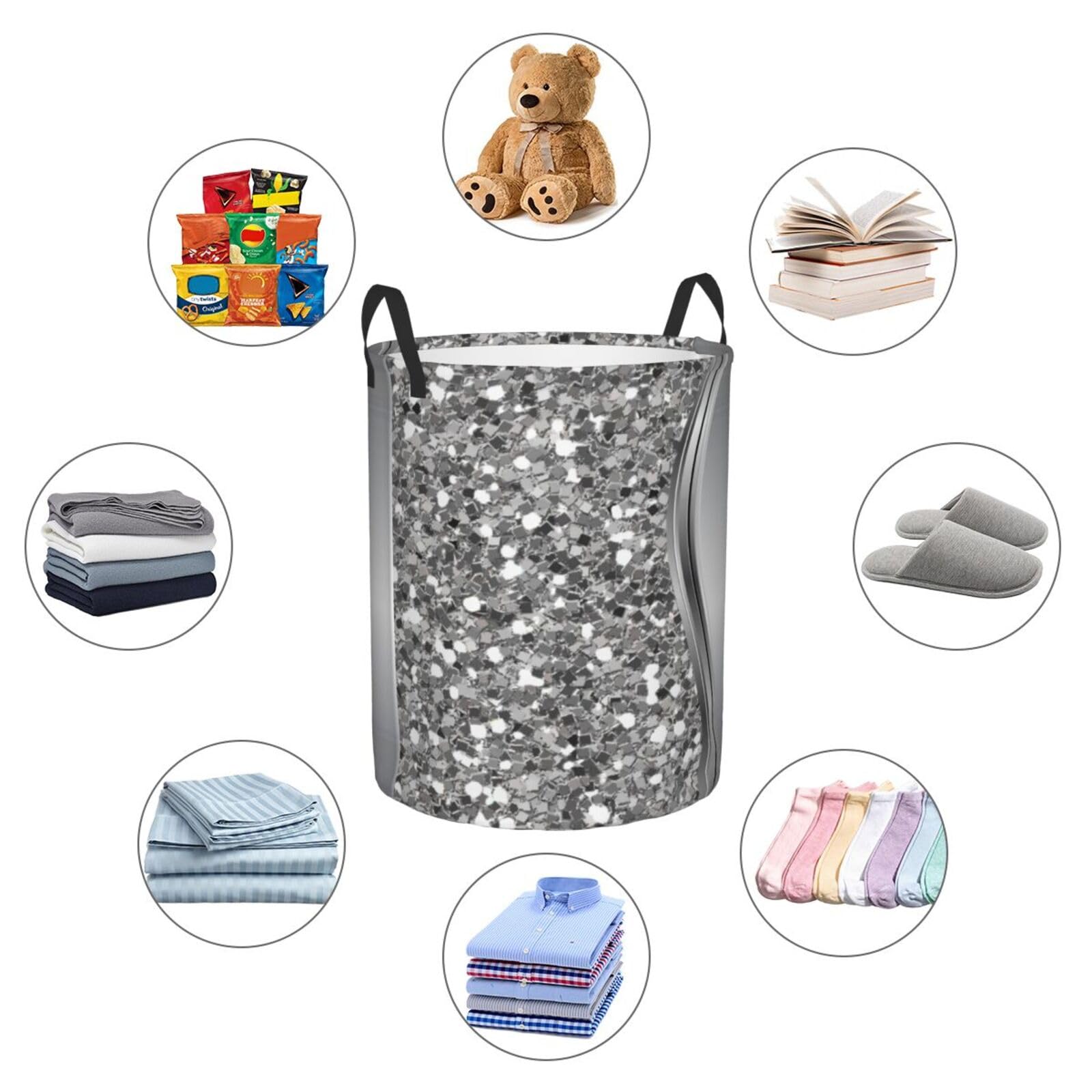 WFTTFOU Laundry Basket Silver Faux Glitter Glam Bling Collapsible Laundry Hamper With Handle Foldable Lightweight Clothes Storage Basket For Bathroom Bedroom College Dorms Medium, Black