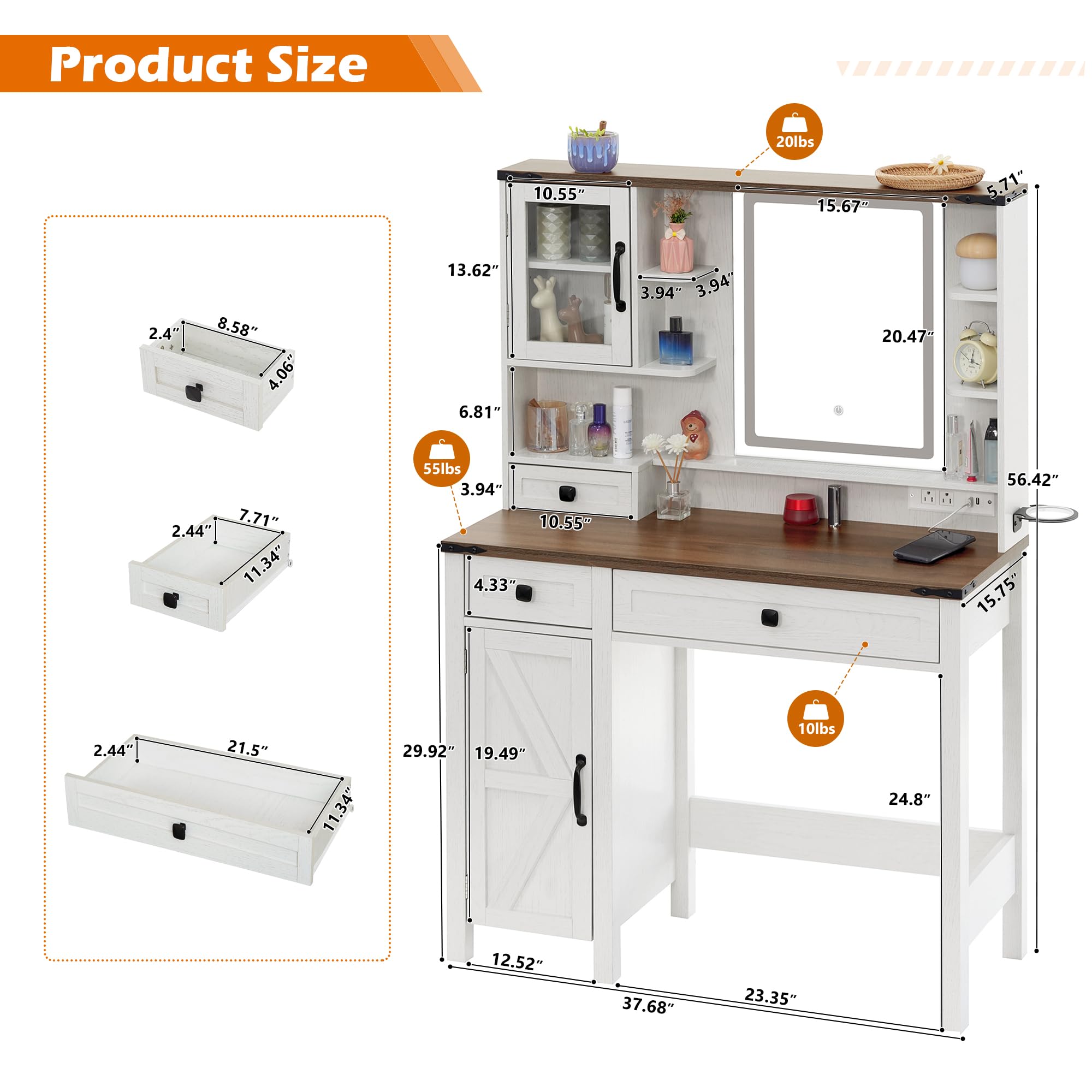 Farmhouse Makeup Vanity with Mirror and Lights,37" Wide Vanity Desk with Power Strip,Vanity Table with 3 Drawers and Cabinets,3 Color Modes & Adjustable Brightness, Dressing Table for Bedroom