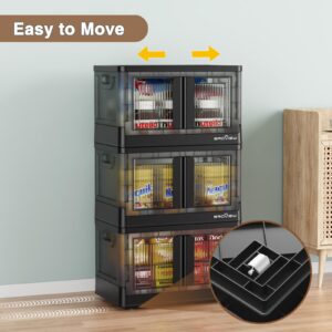 BROVIEW V6 Storage Bins with Lids, 136 QT Stackable Storage Bins with Wheels, Collapsible Storage Bins with Doors, Folding Storage Cabinets for Closet, Home Office Dorm Organizer Essential, Black