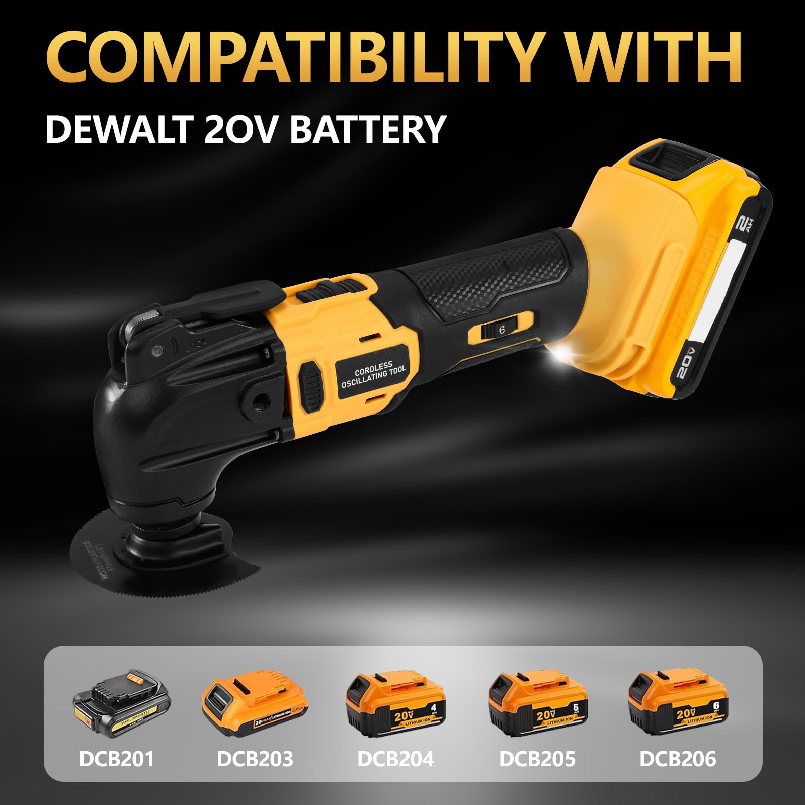 Cordless Oscillating Tool, Brushless Orbiting Tool Compatible with De-Walt 20V Battery, 23 PCS Multi-Tool Kit with Auxiliary Handle for Cutting, Scraping, Sanding, 6 Variable Speed (Tools Only)