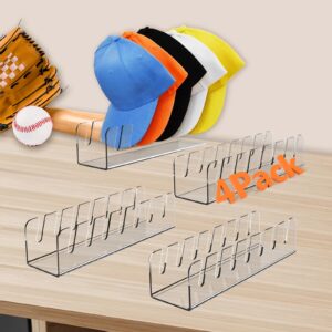 4 pack hat storage organizer for baseball caps - acrylic hat display rack for 28 ball caps, no install hat stand shelf for trucker hat and golf cap, hat holder for closet, bedroom (clear)