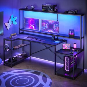 bestier led gaming desk with hutch, 71.5 inch l shaped computer desk with power outlets, large corner desk home office desk with monitor stand and storage shelf, carbon fiber black