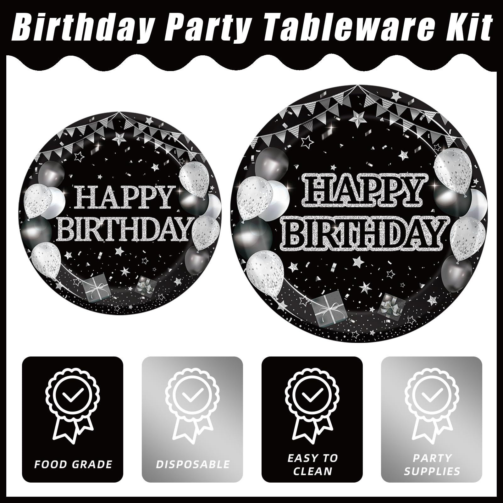 Kepeel 96 Pcs Black and Silver Birthday Plates and Napkins Sets, Black and White Happy Birthday Party Decorations Supplies for Men Women Glitter Birthday Party Disposable Tableware Favors, Serve 24