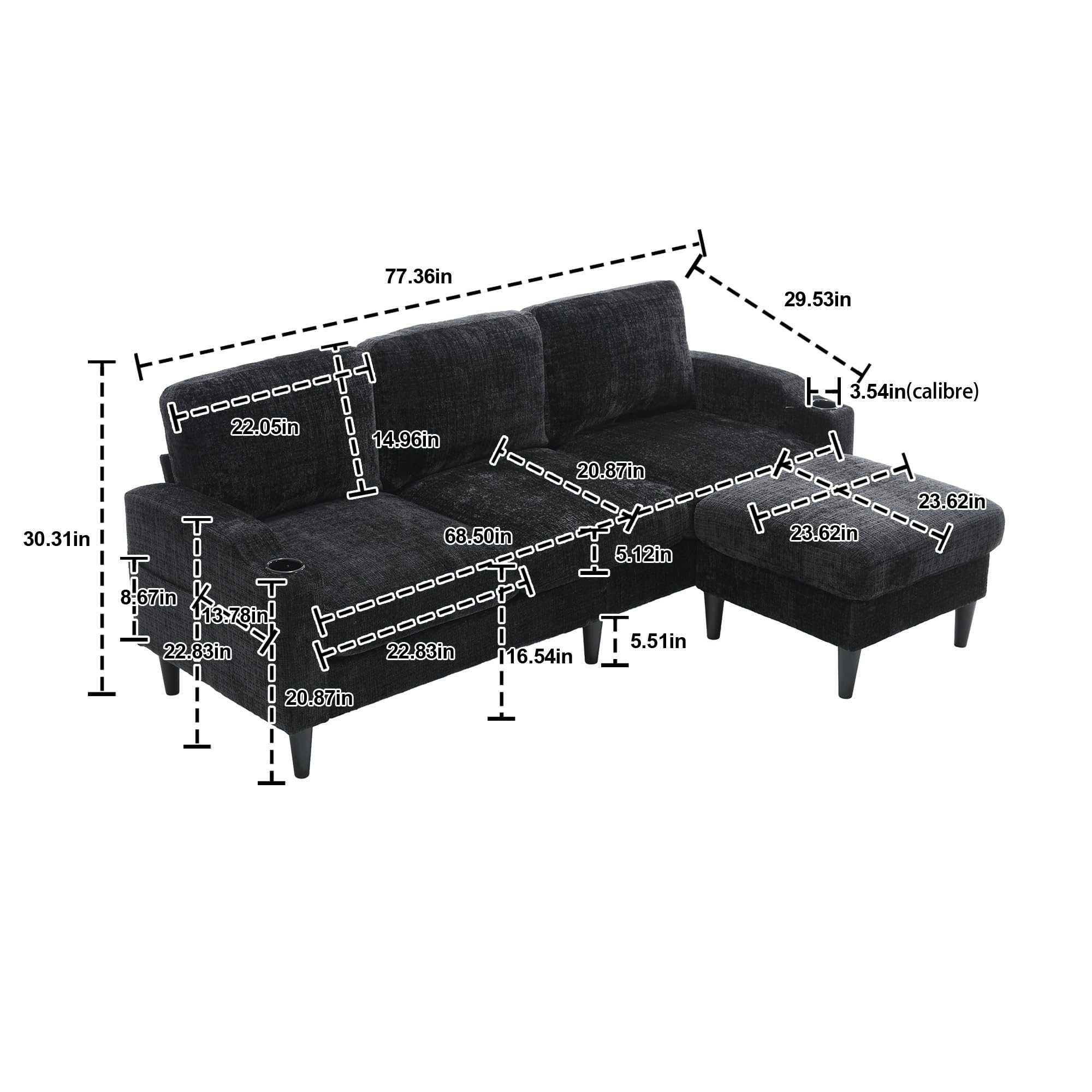 OUYESSIR 77.4" Chenille L Shaped Sectional Sofa Couch, 3 Seat Sofa with Convertible Storage Ottoman and 2 Cup Holders, Modern Deep Seat Couch for Living Room Office Apartment, Black