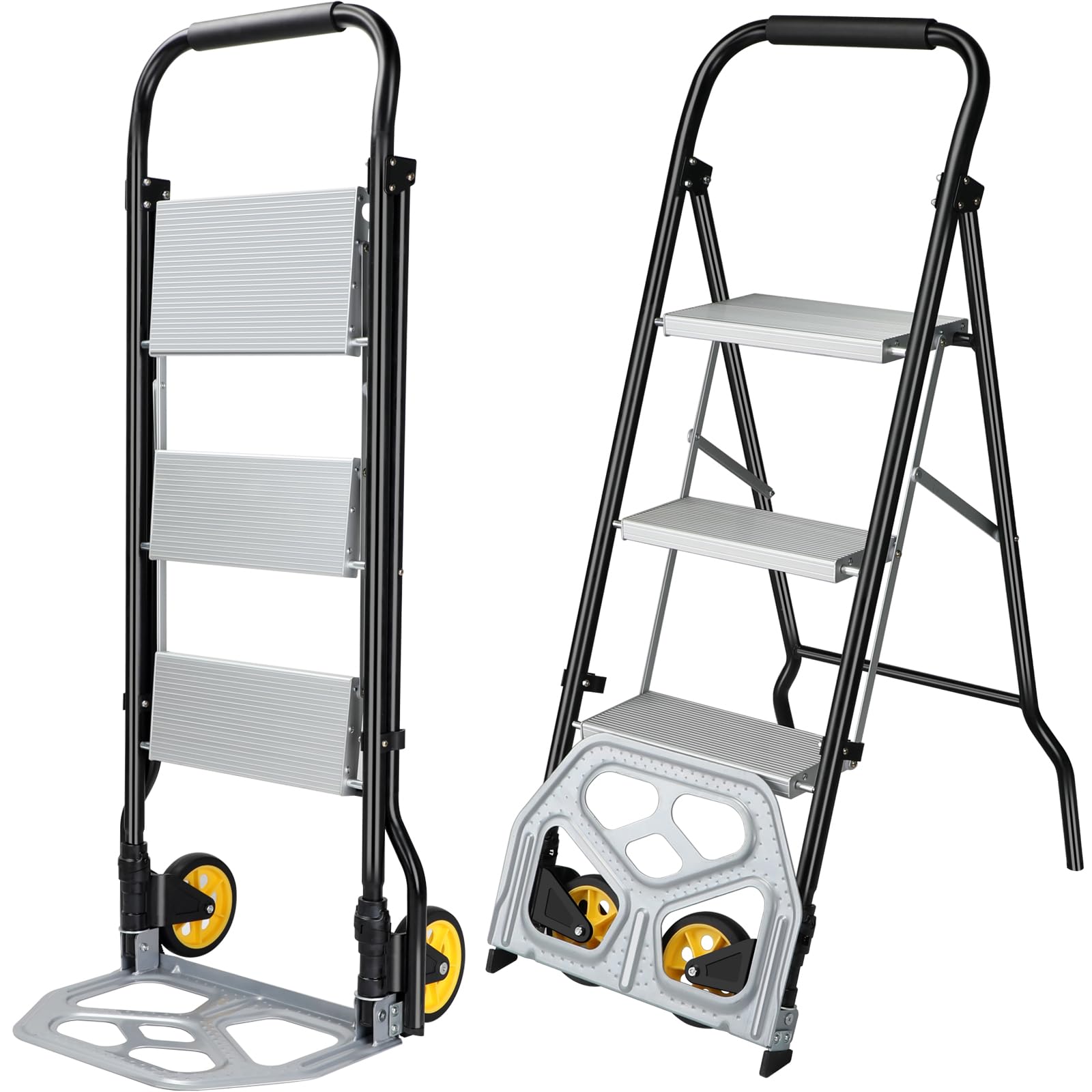 3 Step Ladder & Folding Hand Truck,One Step Folding into a 3 Step Stool with Wide Anti-Slip Pedal and Cushioned Handle,One Unfolding into a 2 in 1 Aluminum Dolly Cart for Moving Luggages Goods