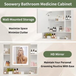 SOOWERY Medicine Cabinet Mirror with Led Light 27.5" W x 24.3" H Lighted Vanity Mirror Wall Mounted Bathroom Storage Cabinet with Single Door Surface Farmhouse Bathroom Cabinets White