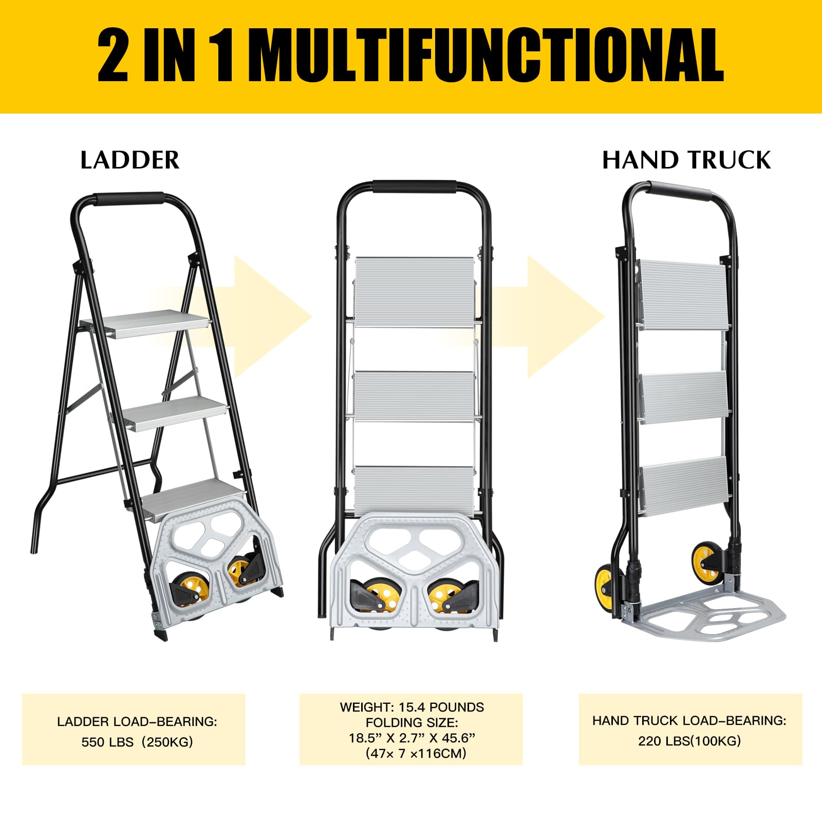 3 Step Ladder & Folding Hand Truck,One Step Folding into a 3 Step Stool with Wide Anti-Slip Pedal and Cushioned Handle,One Unfolding into a 2 in 1 Aluminum Dolly Cart for Moving Luggages Goods