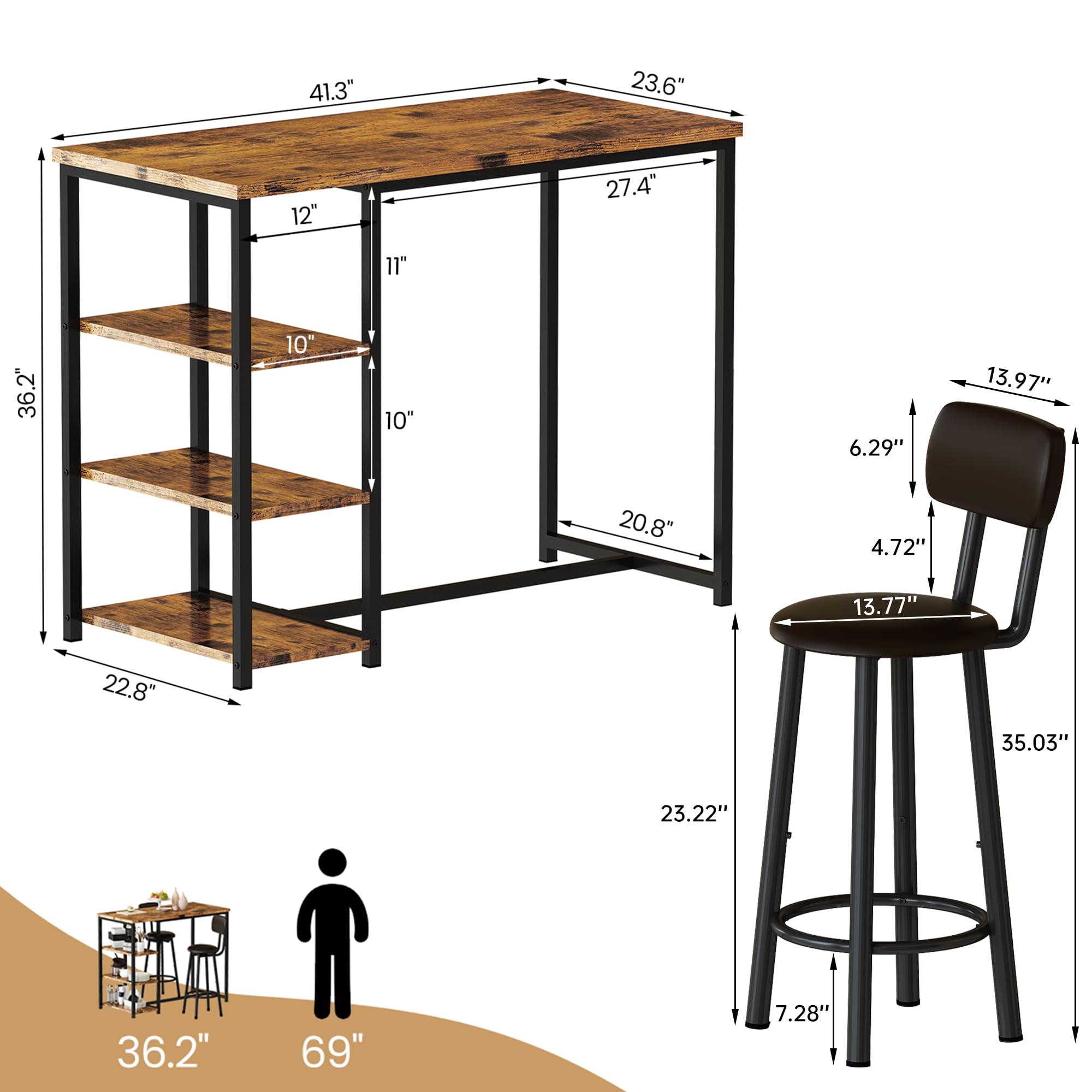 LTTROMAT Kitchen Dining Table Set for 2, Bar Table and Chairs Set with 3 Storage Shelves, Tall Dining Table with 2 PU Leather Backrest Stools for Small Space, Kitchen Island, Apartment, Brown