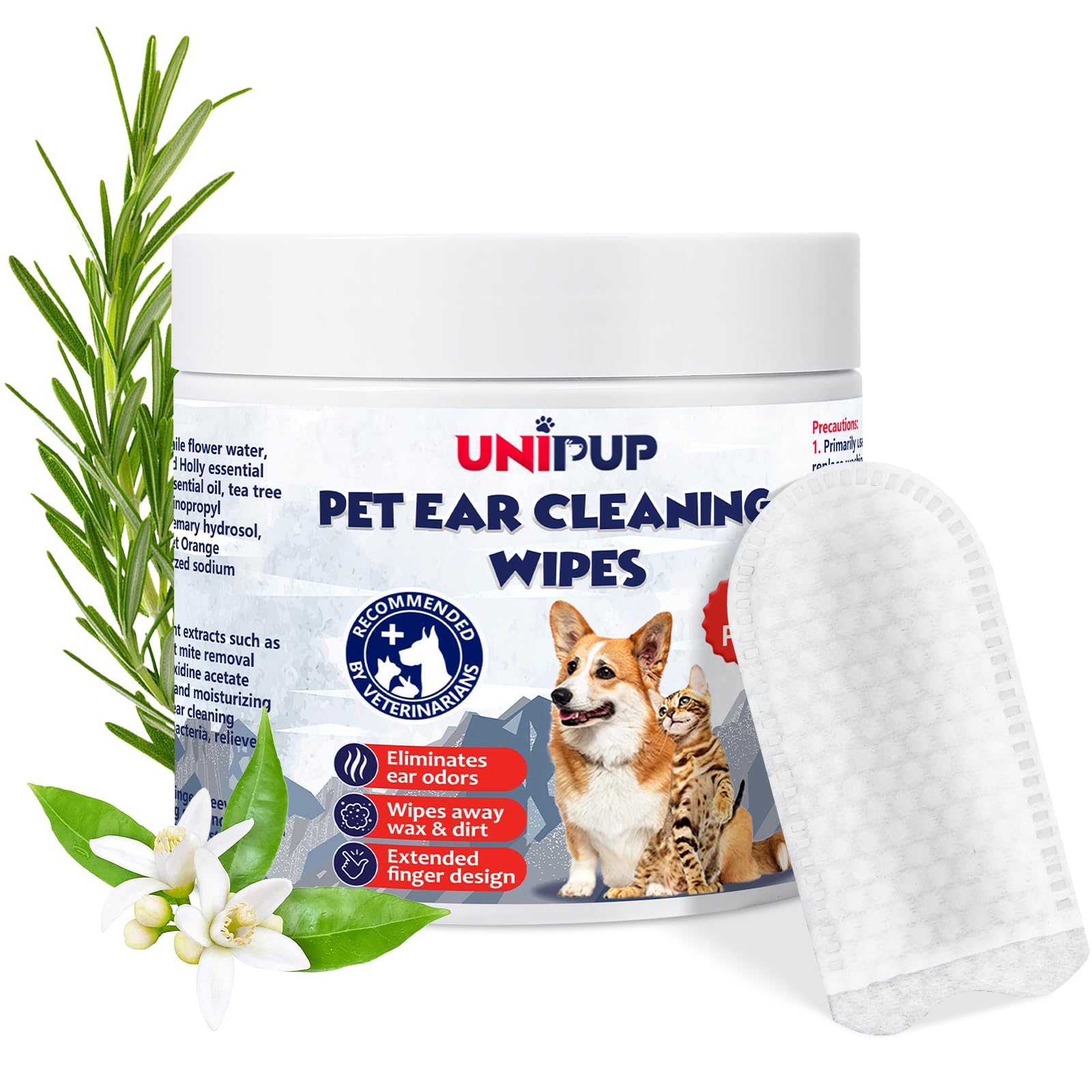 UNIPUP Dog Ear Finger Wipes, Gentle Dog Ear Cleaning Wipes for Dogs and Cats, Ear Wipes for Dogs Remove Ear Wax, Dirt, and Odor, Puppy Ear Wipes Sooths & Deodorizes, Natural Ingredients 70 Count