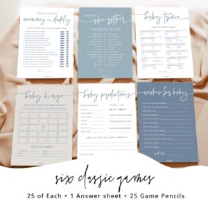 GardenCity Baby Shower Games for Boy - Set of 6 Baby Shower Games for 25 Guests, Double-Sided Thick Cards, Gender Neutral, Minimalist Blue