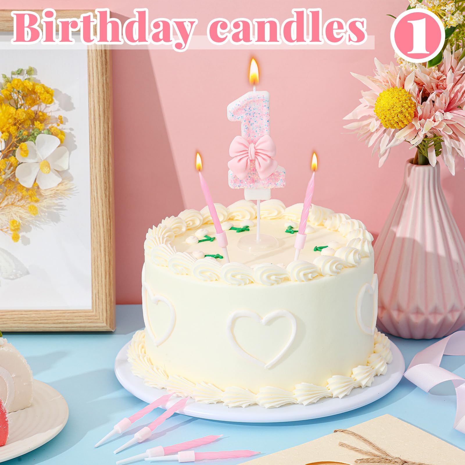 MTLEE Number Birthday Candle Girls Pink Bow Glitter Happy Birthday Number Candle with 10 Long Thin Cupcake Candle Bowknot Cake Topper Decorations for Wedding Anniversary Princess Theme Party(1st)