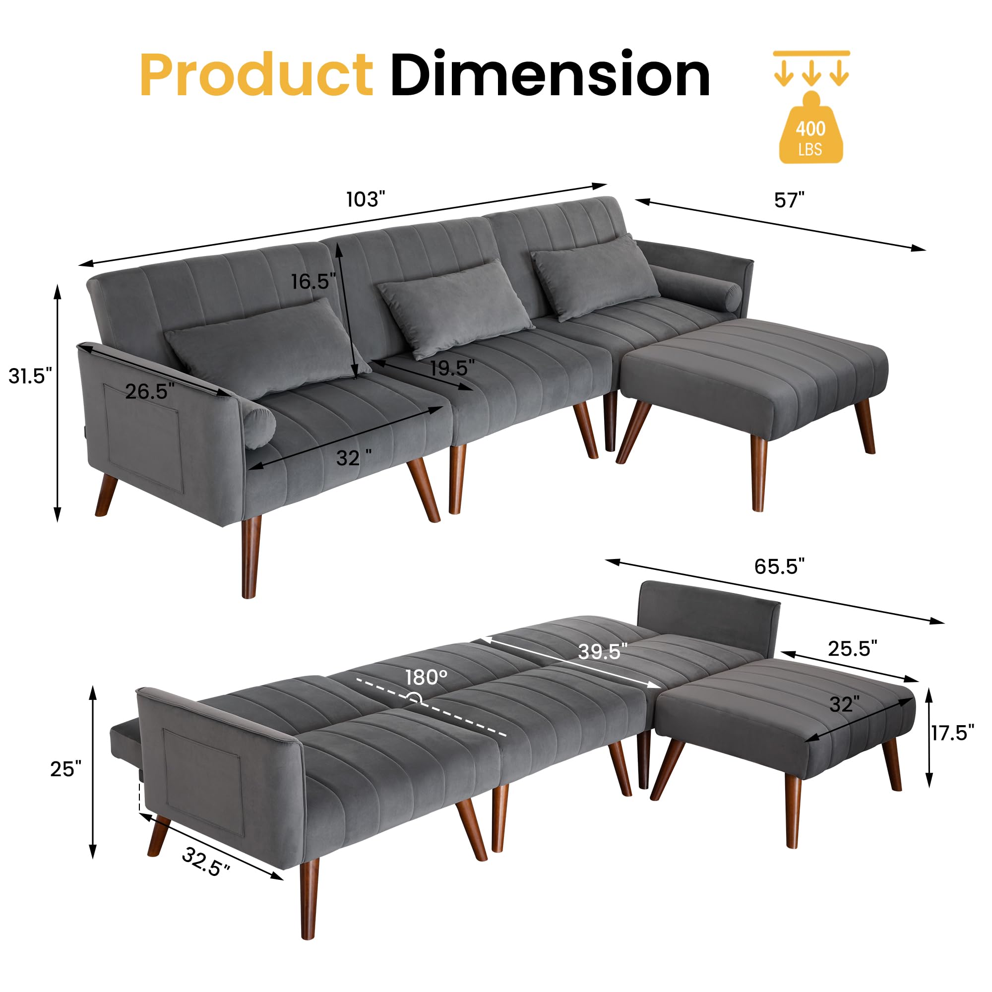 HEYNEMO Velvet Sectional Convertible Sofa with 3 Adjustable Angles, L Shape Couch with Ottoman, 3 Lumbars, Solid Wood Frame & Legs, Modern 3 Seat Couch Bed, Sectional Couch for Living Room,Gray