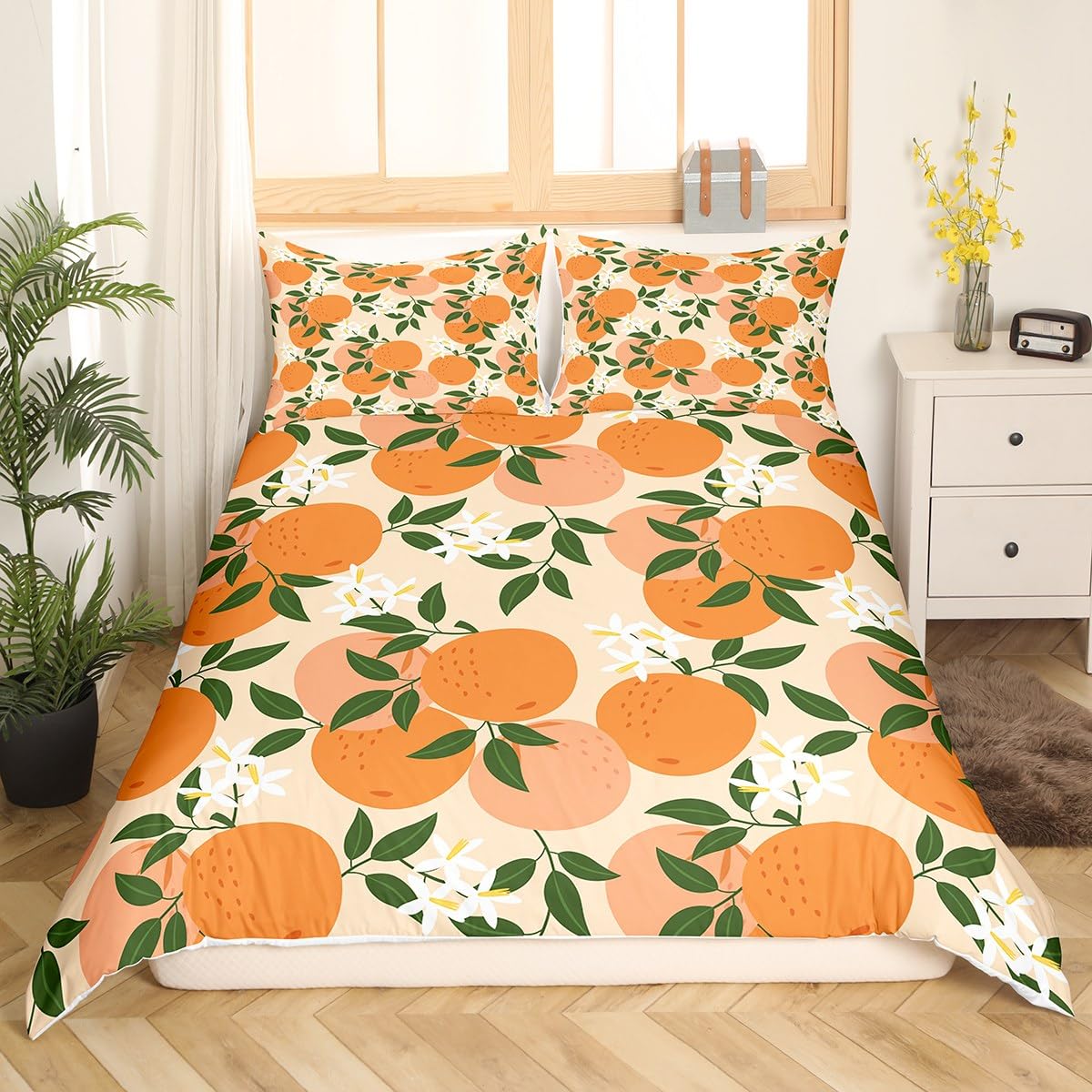 Feelyou Cartoon Orange Duvet Cover Set Fresh Oranges Bedding Set for Kids Boys Girls Cartoon Citrus Fruit Comforter Cover Fruit Style Quilt Cover Bedroom Collection 3Pcs Queen Size