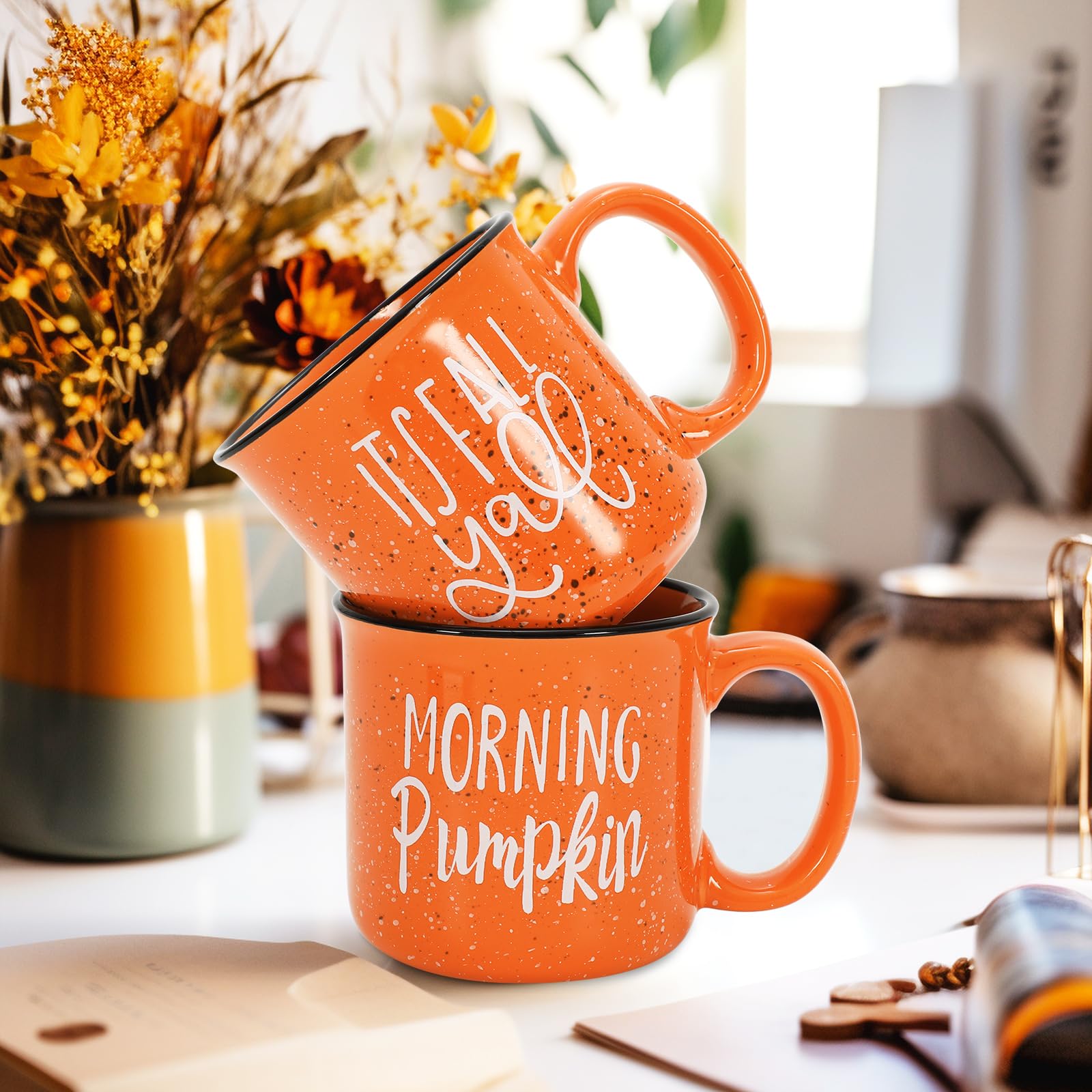 JarThenaAMCS 2Pcs Fall Coffee Mug Orange Fall Y'all Morning Pumpkin Drinking Mug for Autumn Thanksgiving Table Centerpieces Decorations Gifts