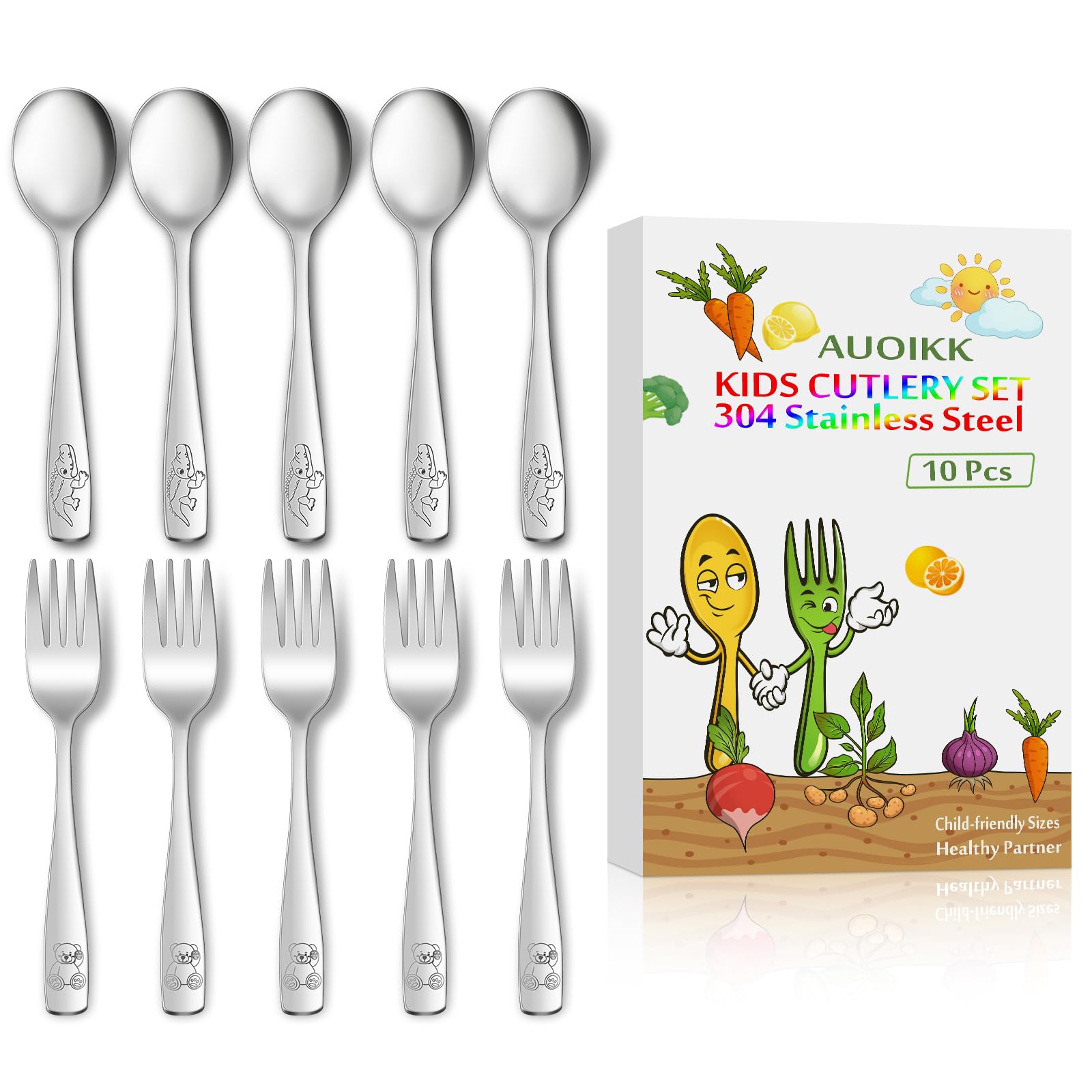 AUOIKK 10-Piece Toddler Flatware, Kids Utensils Stainless Steel Cutlery Set, Children Safe Spoons and Forks with Ergonomic Handle, Easy to use and Dishwasher Safe (Crocodile and Bear)