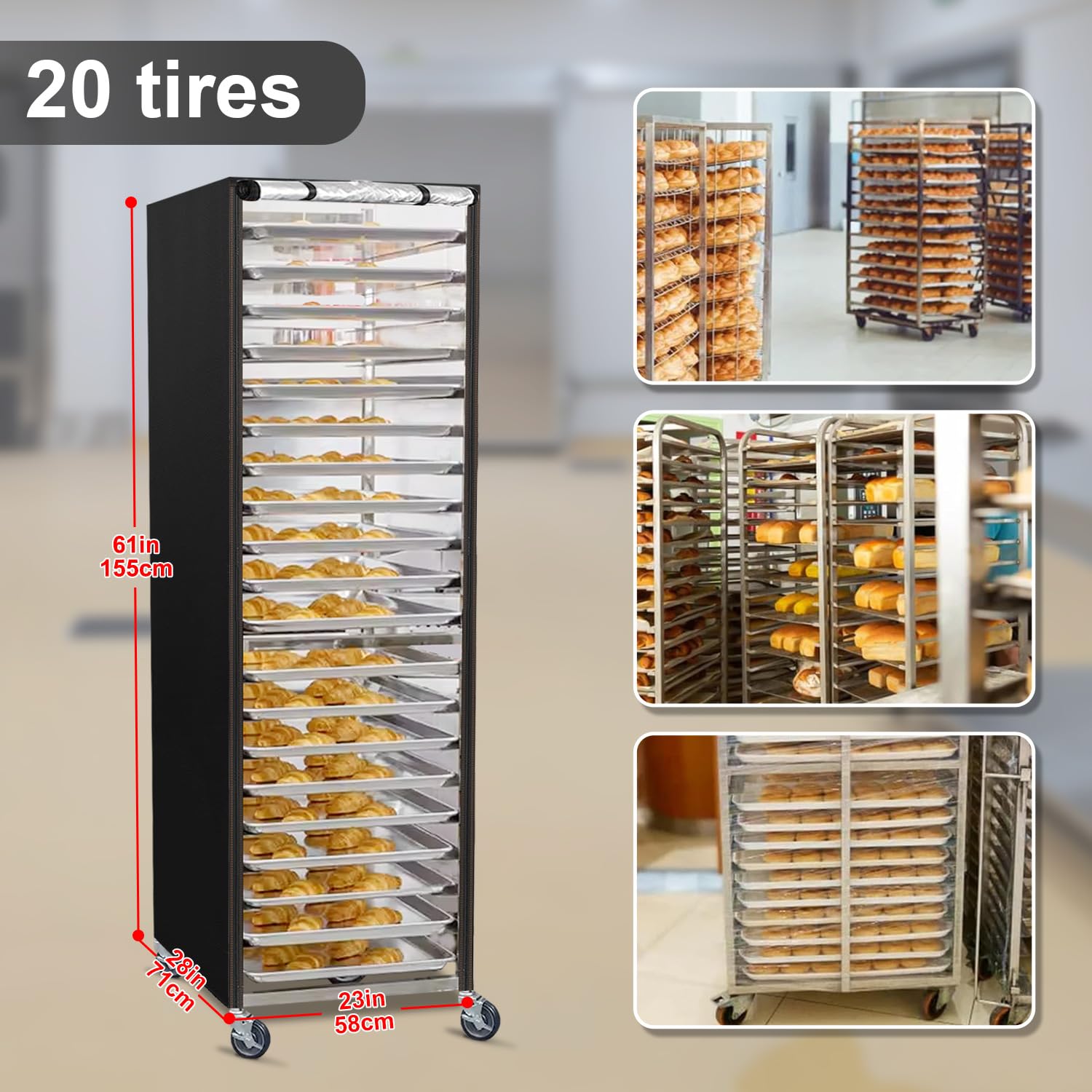 Sowokdon Bun Pan Sheet Rack Cover,Bread Speed Rack Cover,Fit 20 Tier / 10 Tier Bakery Rack for Home Kitchen Commercial Pizza Rack with Zipper(Transparent Panels with Breathable Mesh Vent- 20-Tier)