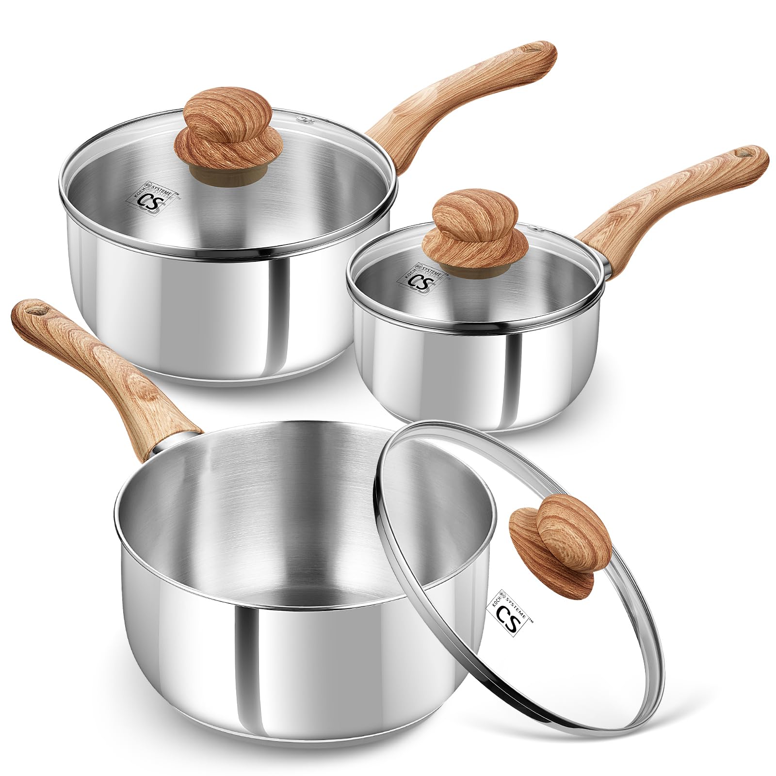 KOCH SYSTEME CS Stainless Steel Saucepan Set, 1QT & 2QT & 3QT Sauce Pan with Heat-resistant Bakelite Handle, Premium Stainless Steel Pot Set, Induction Sauce Pan Sets, Stainless Steel Pots 6 Piece